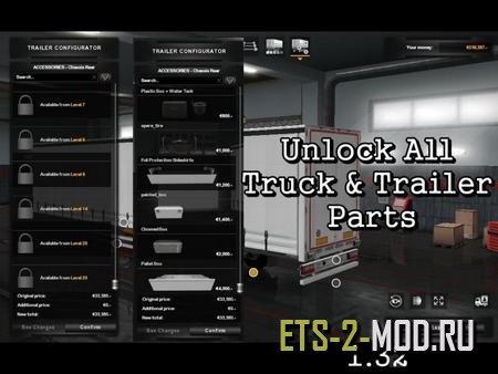 Mod Unlock All Parts для Euro Truck Simulator 2 v1.32